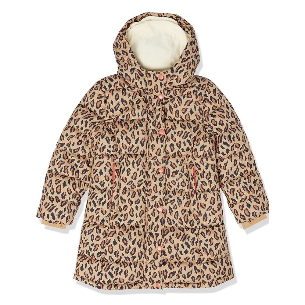 Amazon Essentials Girls' Long Heavyweight Hooded Puffer Jacket, Cheetah Medium
